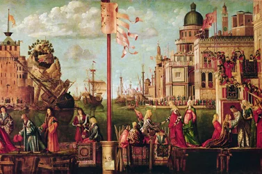 Ontmoeting van Etherius en Ursula en het vertrek van de pelgrims, uit de St. Ursula-cyclus, c.1490-96 (detail)